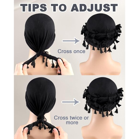 ⚡Men Women 1 Pcs- Black Satin Head Wraps Skull Cap Tassels Braid Beanie Turban - Picture 5 of 9